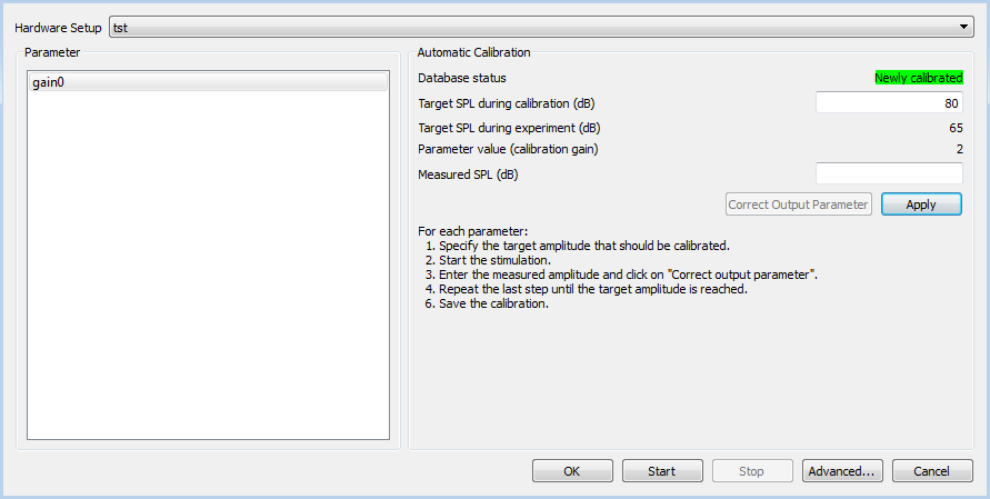 Calibration dialog. In this example there is only one loudspeaker and
its level has been calibrated (indicated by the green message). <span
data-label="fig:calibration"></span>