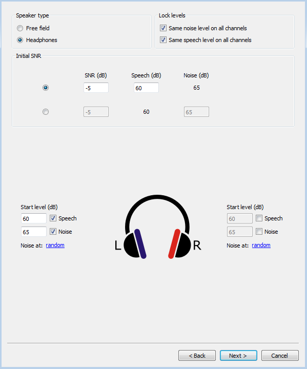 Loudspeaker selection: if “speaker type” is set to free field, the
left dialog is shown. If “speaker type” is set to headphones, the right
dialog is shown. For each loudspeaker or ear, speech and noise can be
turned on or off using the check boxes. If the overall SNR or level is
specified, the individual levels will be calculated automatically. The
“random” link next to each loudspeaker can be used to indicate that the
noise should be started at a random place in the provided wav file.<span
data-label="fig:speakers"></span>